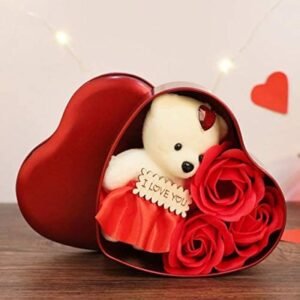 Heart Shape Box Teddy Bear and Rose Flower Gift (Red, Small)