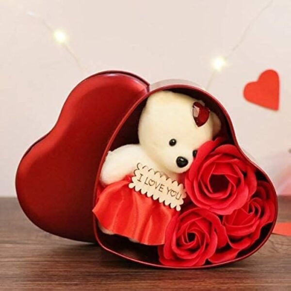 Heart Shape Box Teddy Bear and Rose Flower Gift (Red, Small)