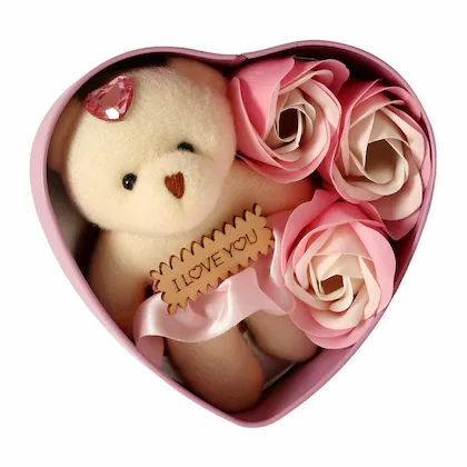 Heart Shape Box Teddy Bear and Rose Flower Gift (Red, Small)