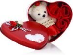 Heart Shape Box Teddy Bear and Rose Flower Gift (Red, Small)