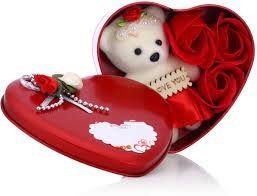 Heart Shape Box Teddy Bear and Rose Flower Gift (Red, Small)