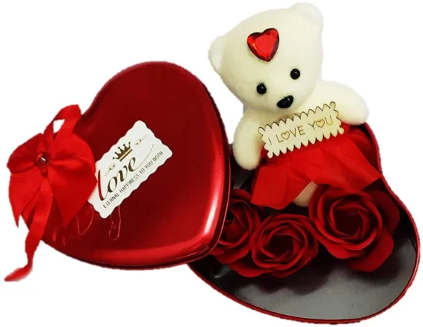 Heart Shape Box Teddy Bear and Rose Flower Gift (Red, Small)